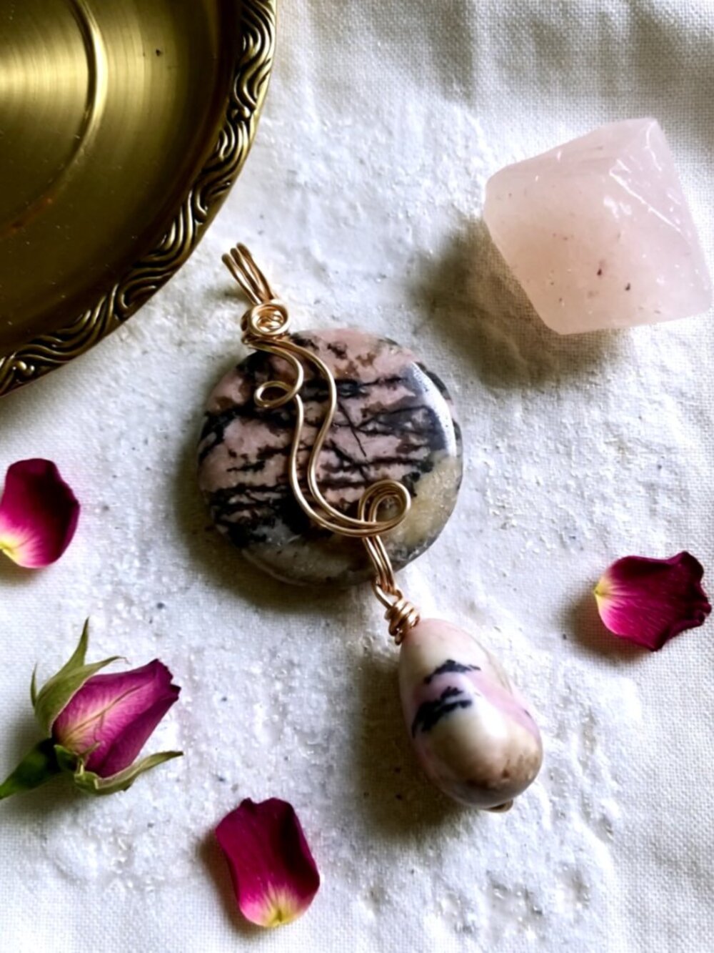 Handmade: Blush ~ Pale Pink ~ Tiger Striped Rhodonite ~ Wire Wrapped Pendant